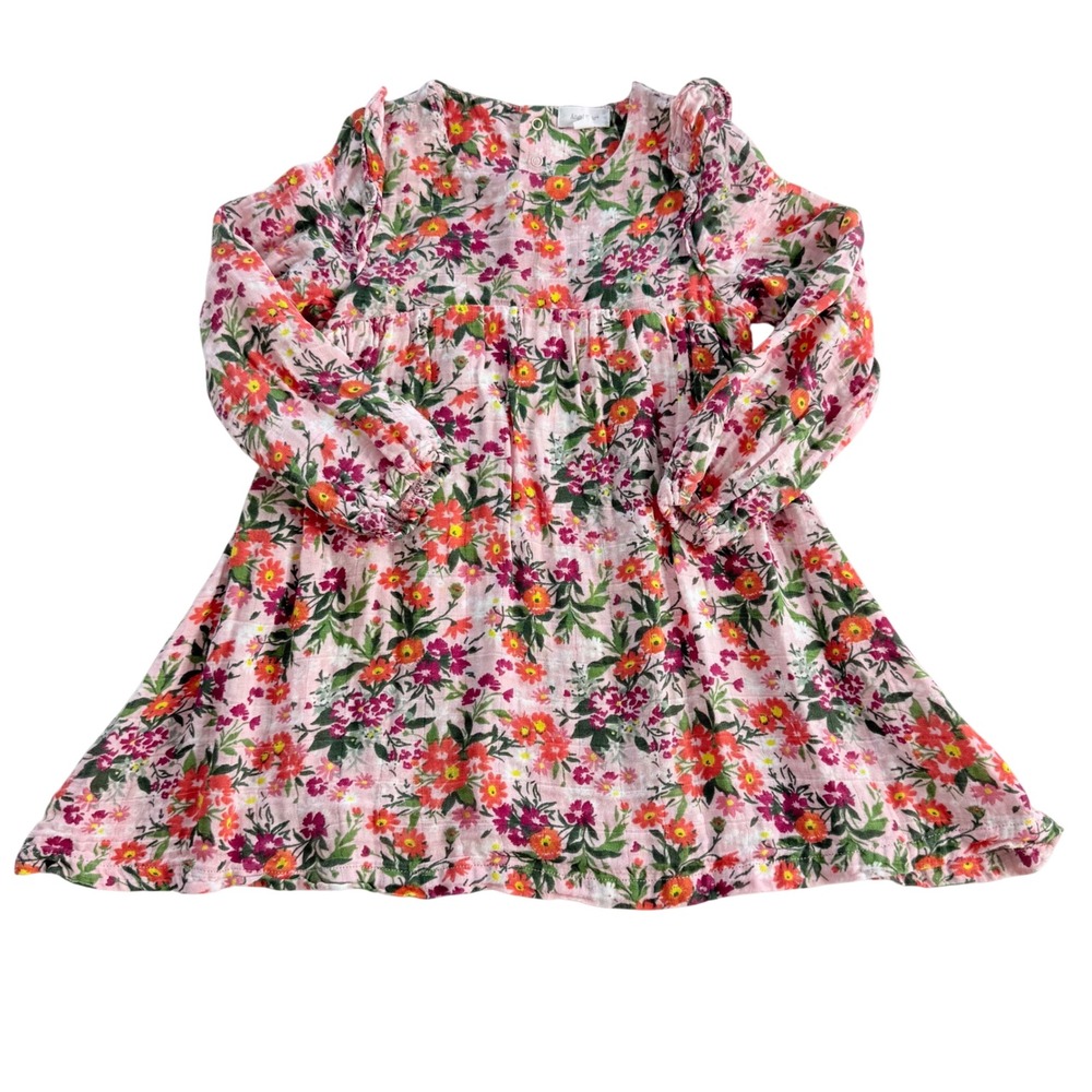 Angel Dear Floral Muslin Dress Kids 4T Pink Long Sleeve Ruffle Organic Cotton
